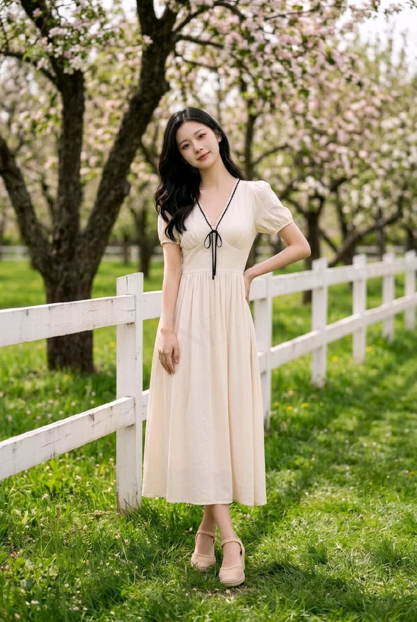 Đầm cổ V phối nơ - View 1