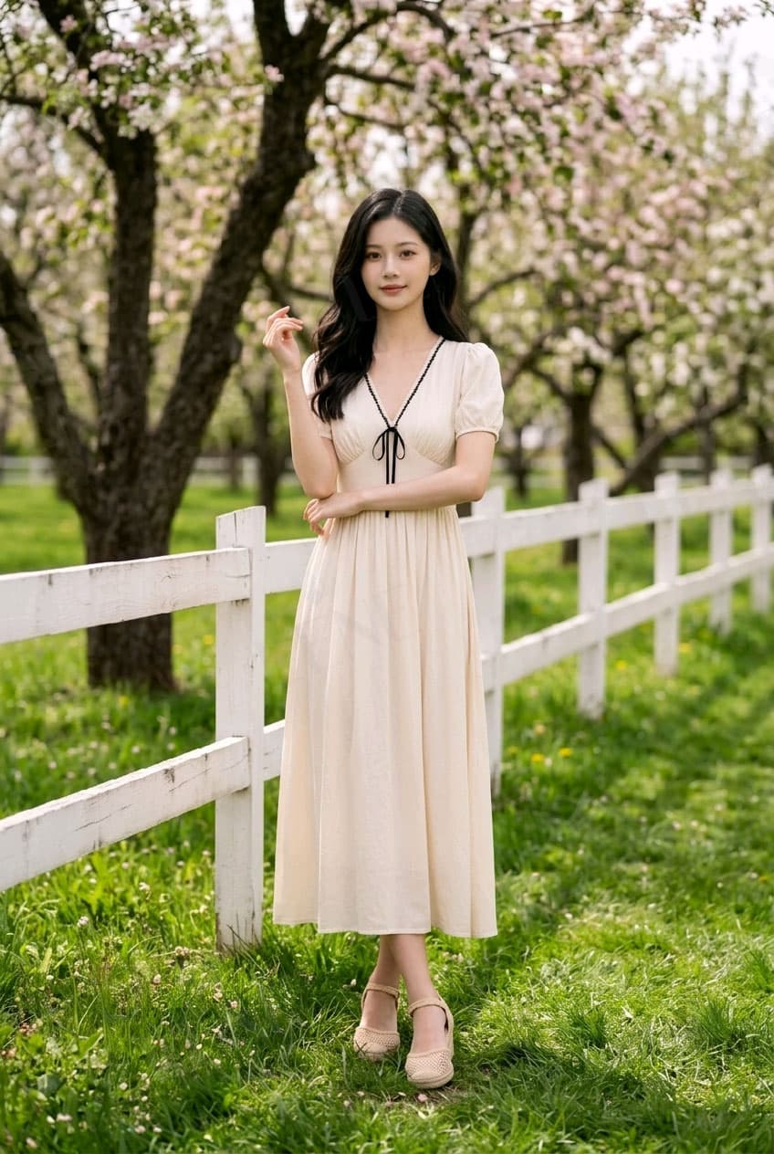 Đầm cổ V phối nơ - View 4