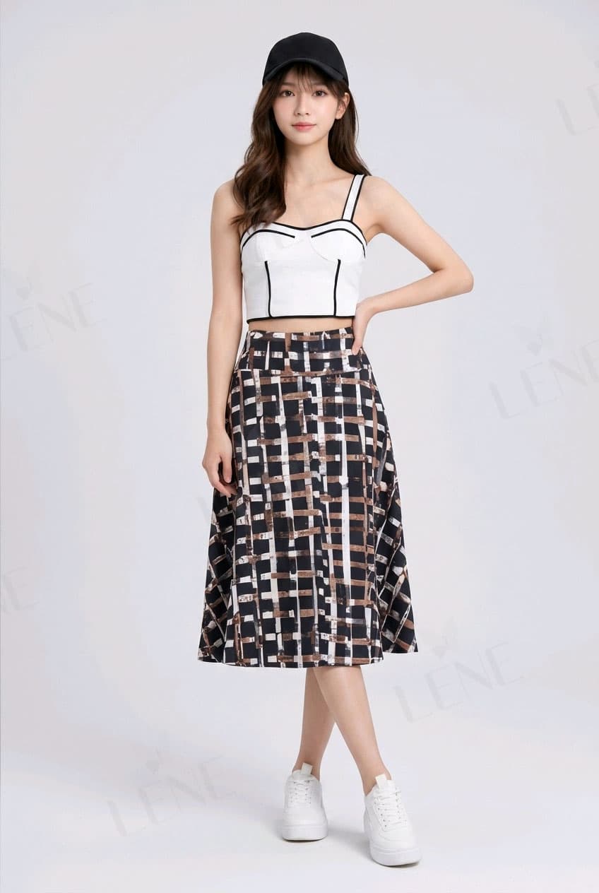Chân váy midi họa tiết kẻ ô
