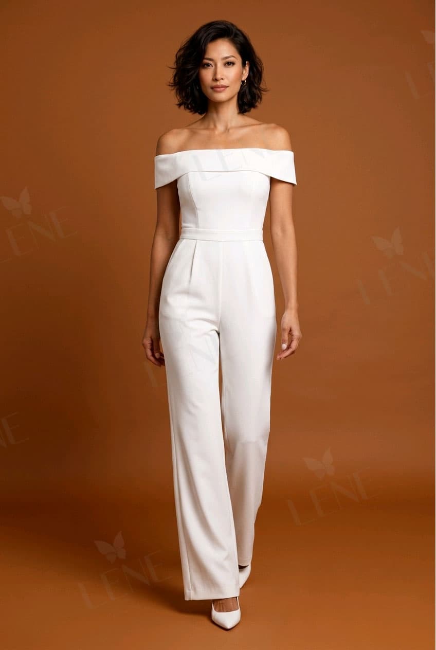 Jumpsuit trắng trễ vai - View 3