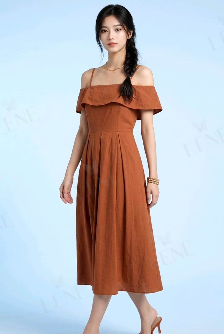 Đầm midi trễ vai nâu đất