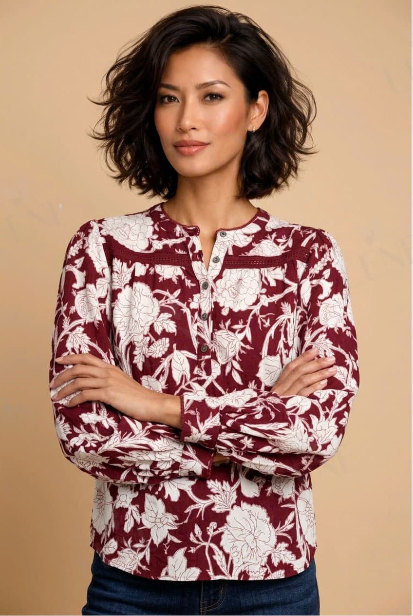 Áo sơ mi linen hoa đỏ
