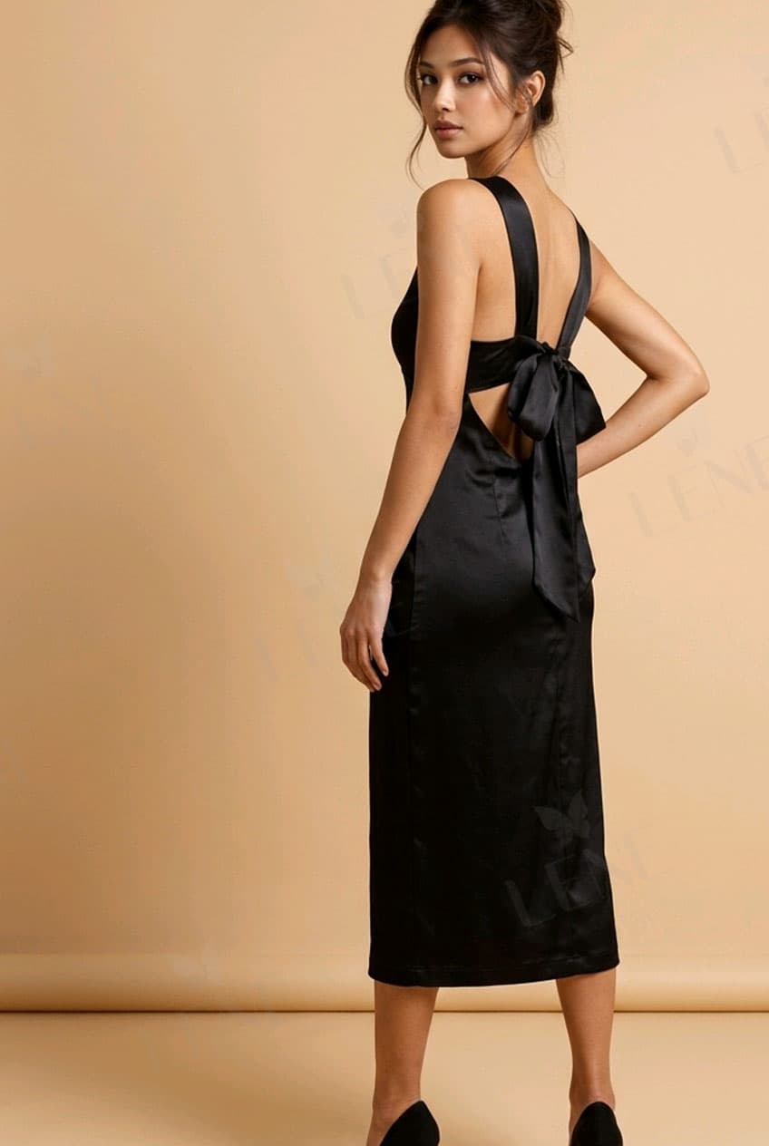 Đầm lụa satin hở lưng đính nơ quý phái