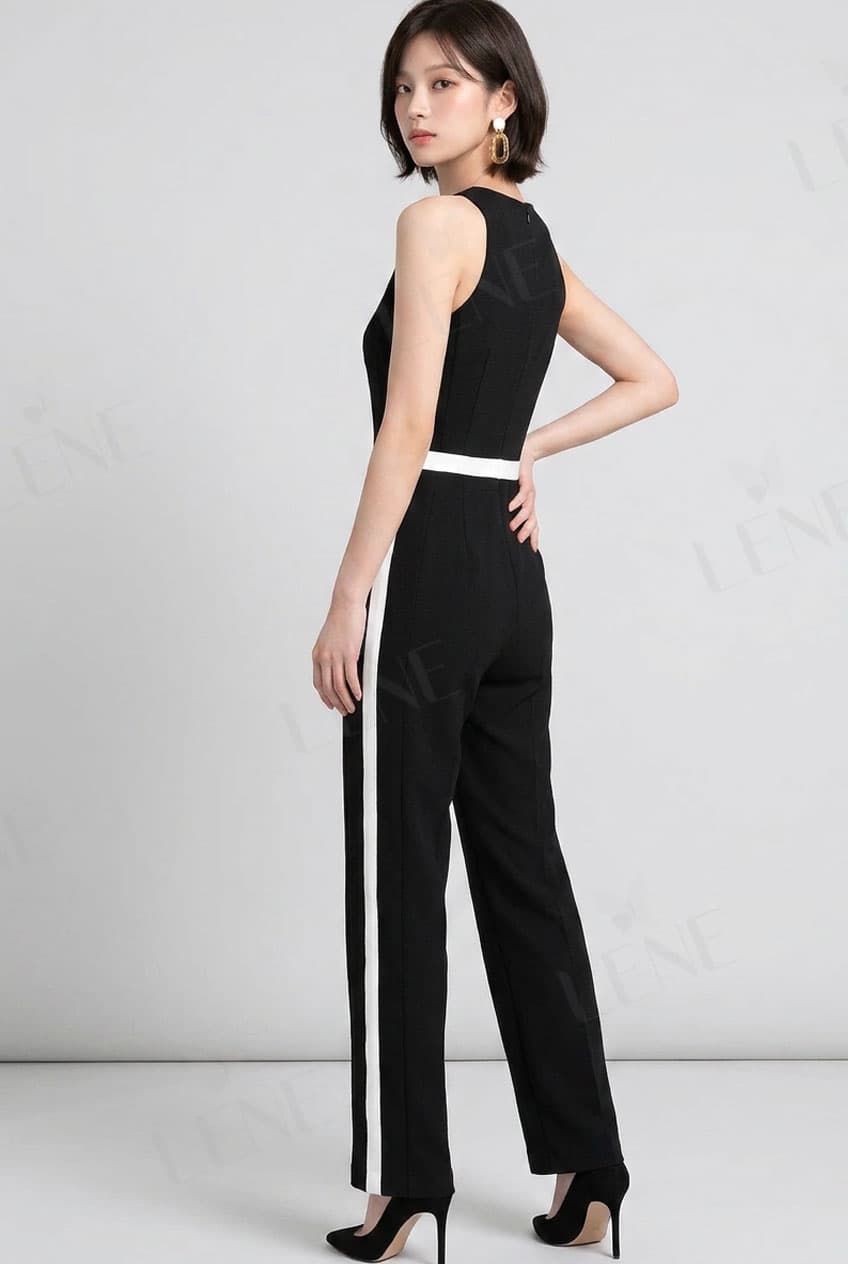 Jumpsuit cổ yếm phối sọc trắng đen tương phản - View 2
