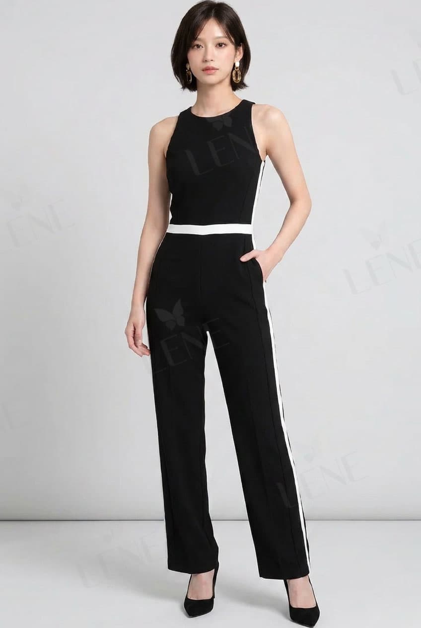 Jumpsuit cổ yếm phối sọc trắng đen tương phản - View 3