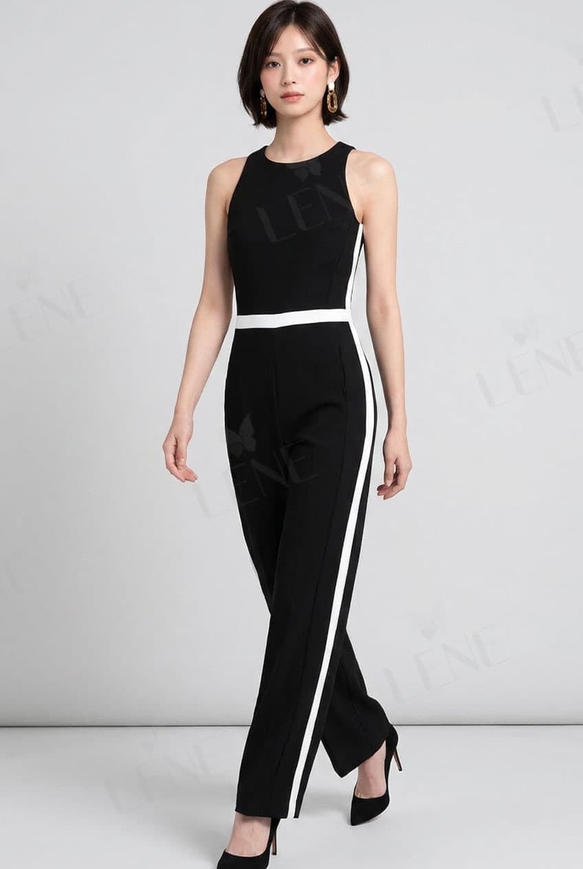 Jumpsuit cổ yếm phối sọc trắng đen tương phản - View 4