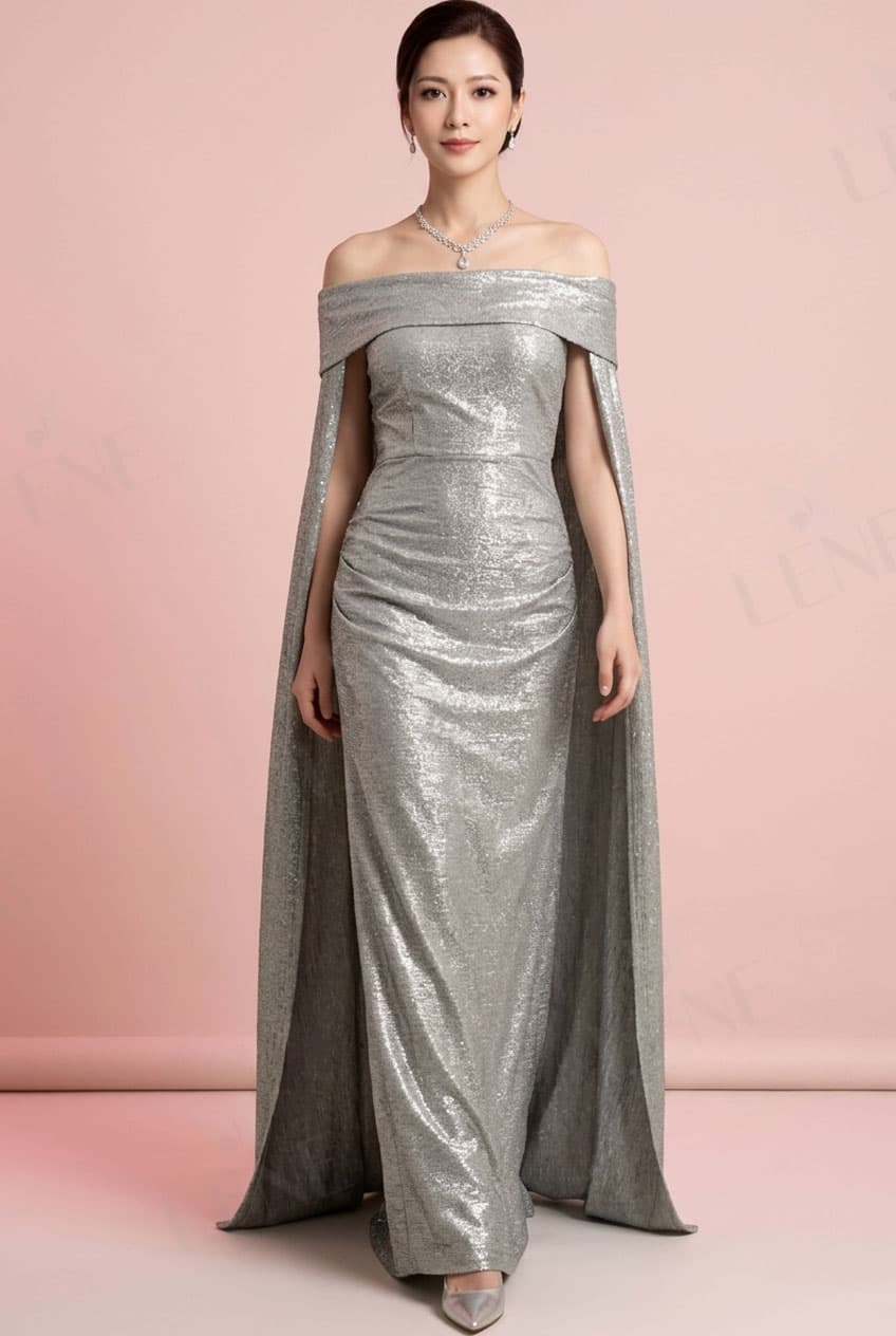 Đầm dạ hội sequin trễ vai phối áo choàng cape sang trọng - View 4