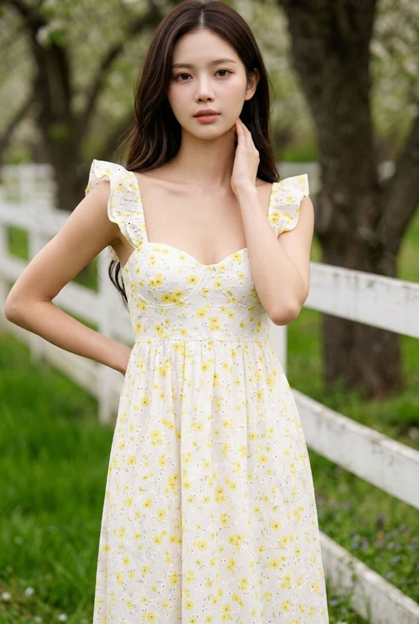 Váy dài maxi cổ tim thêu hoa nhí cúc bấm - View 2