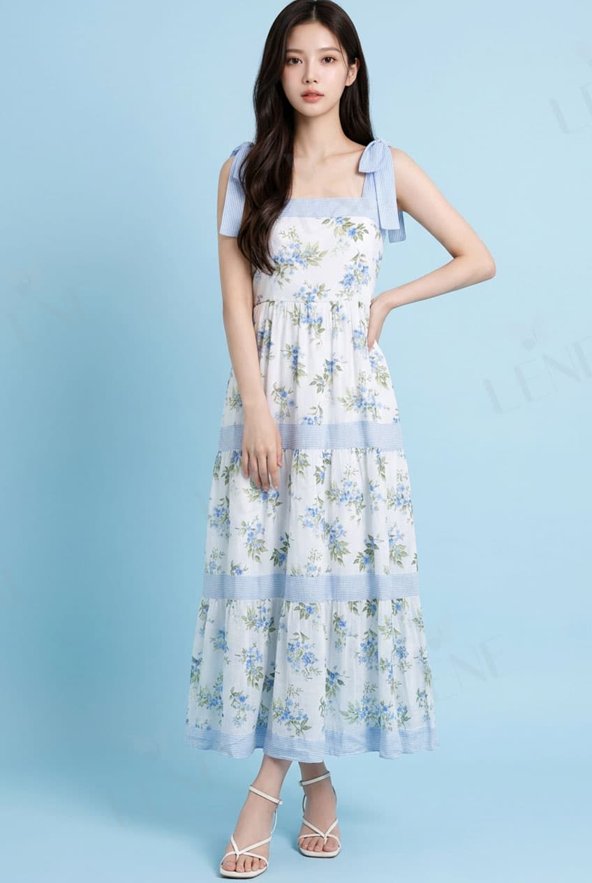 Đầm dài maxi hai dây thắt nơ vai họa tiết hoa xanh - View 2