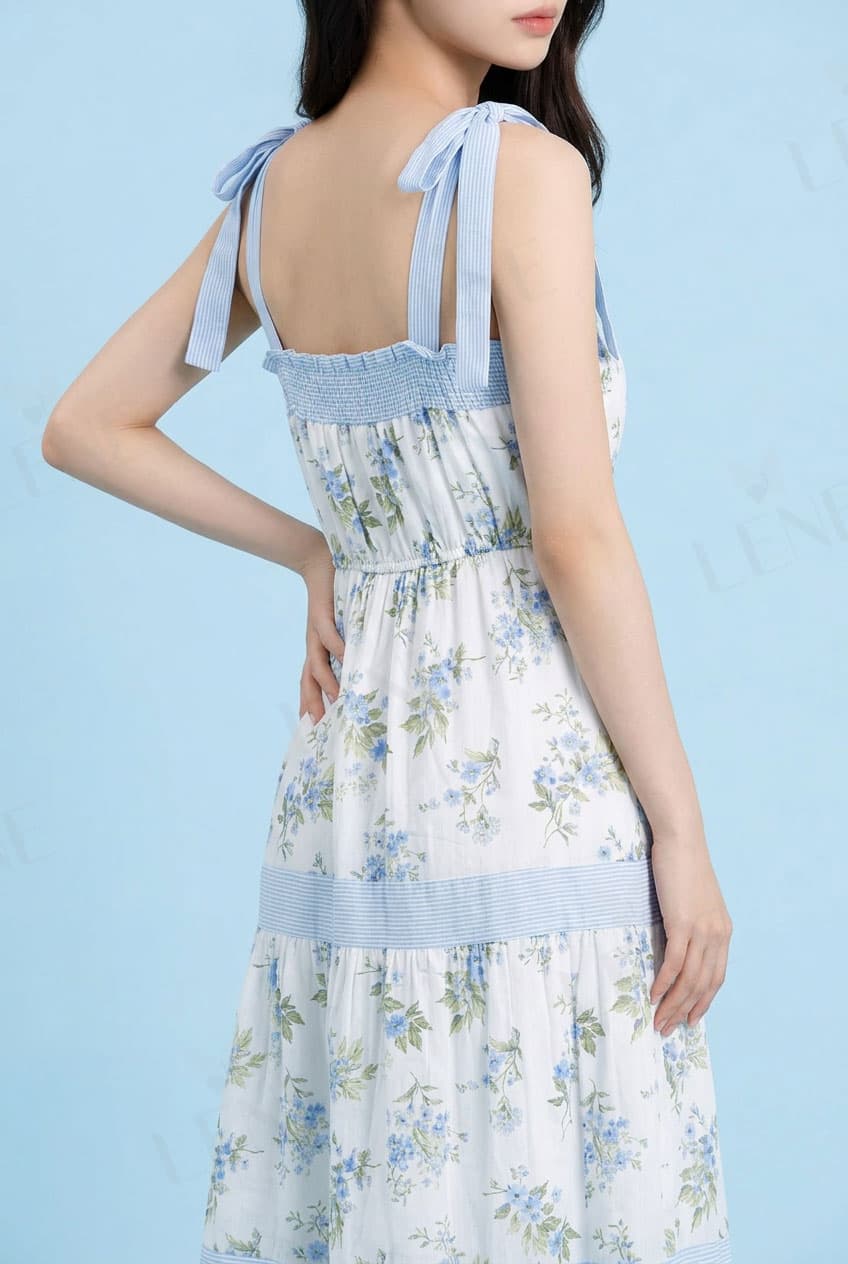 Đầm dài maxi hai dây thắt nơ vai họa tiết hoa xanh - View 4
