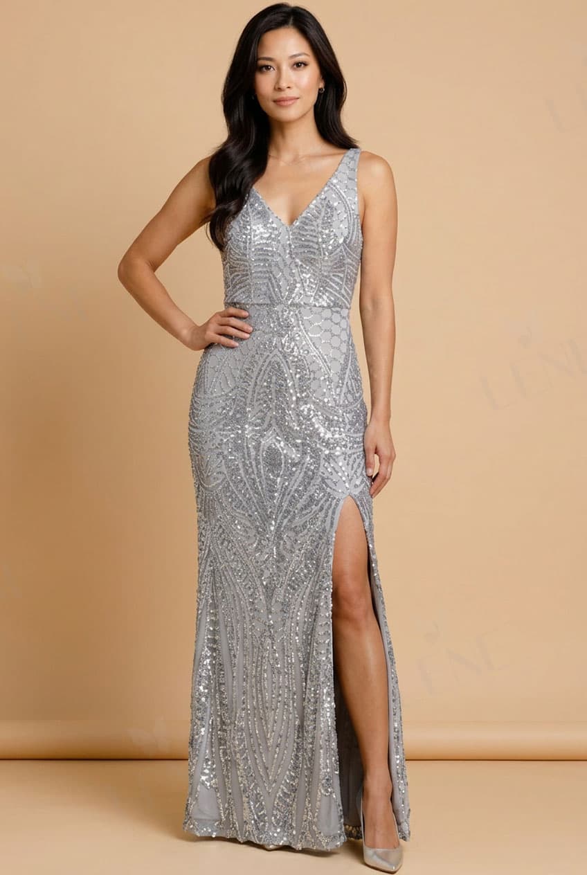 Đầm dạ hội sequin cổ V xẻ tà cao cấp - View 2