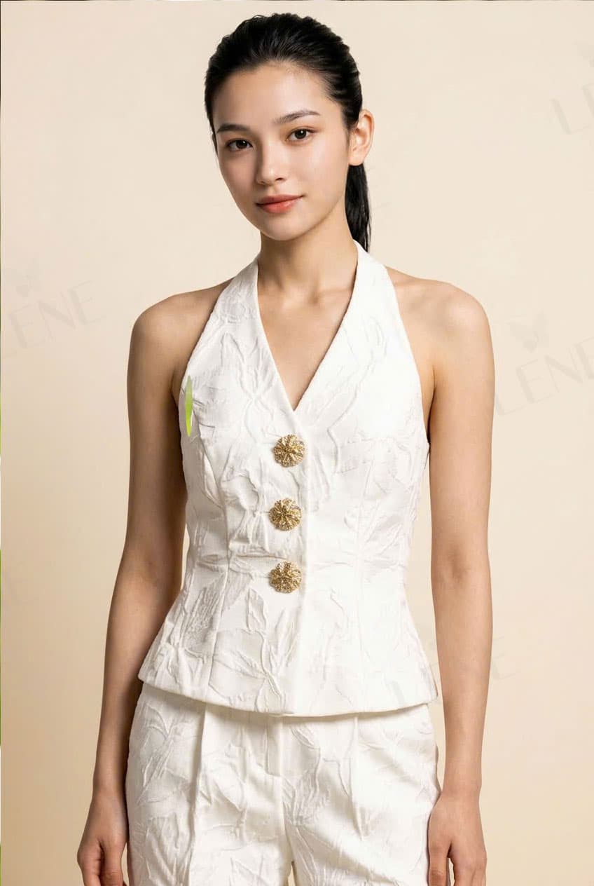 Áo gile cổ yếm vải gấm dập nổi