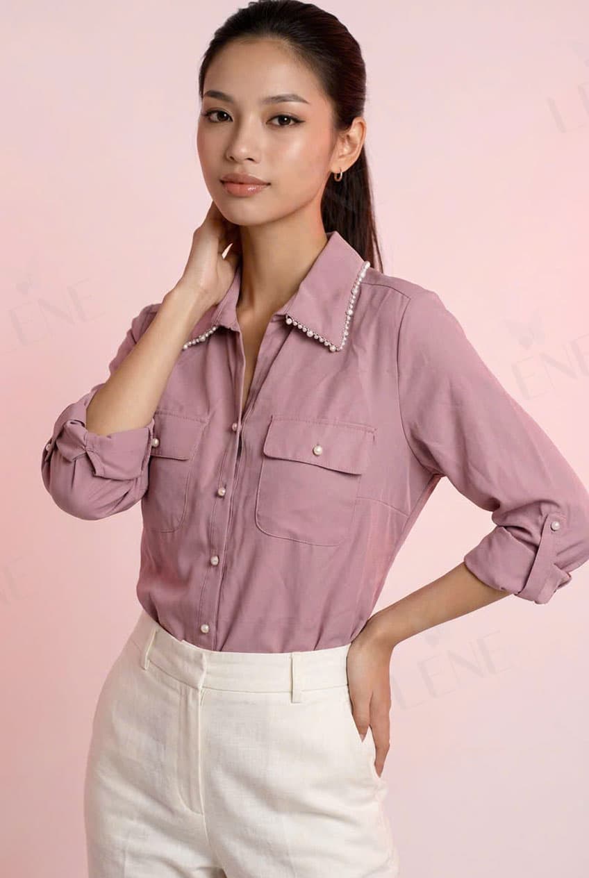 Áo sơ mi lụa cổ đức đính ngọc trai