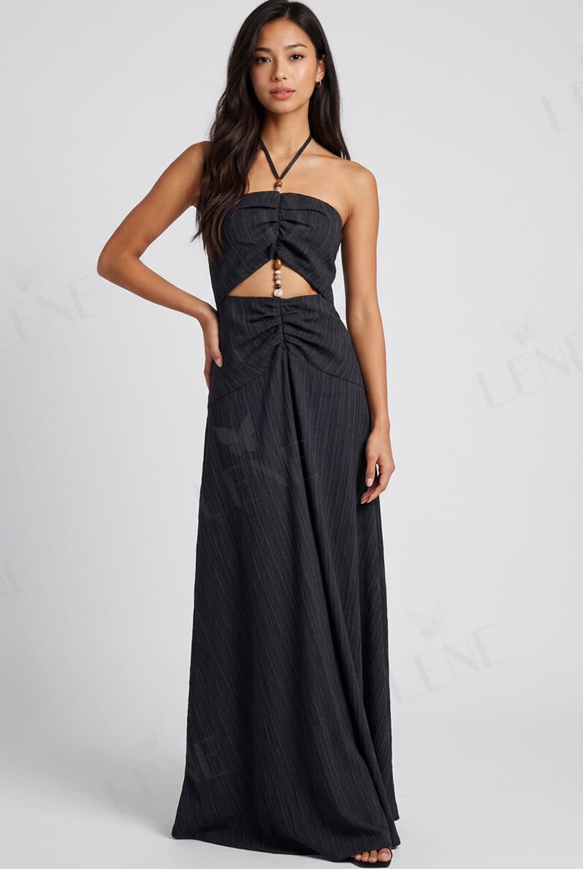 Đầm maxi cổ yếm cutout phối hạt gỗ - View 2