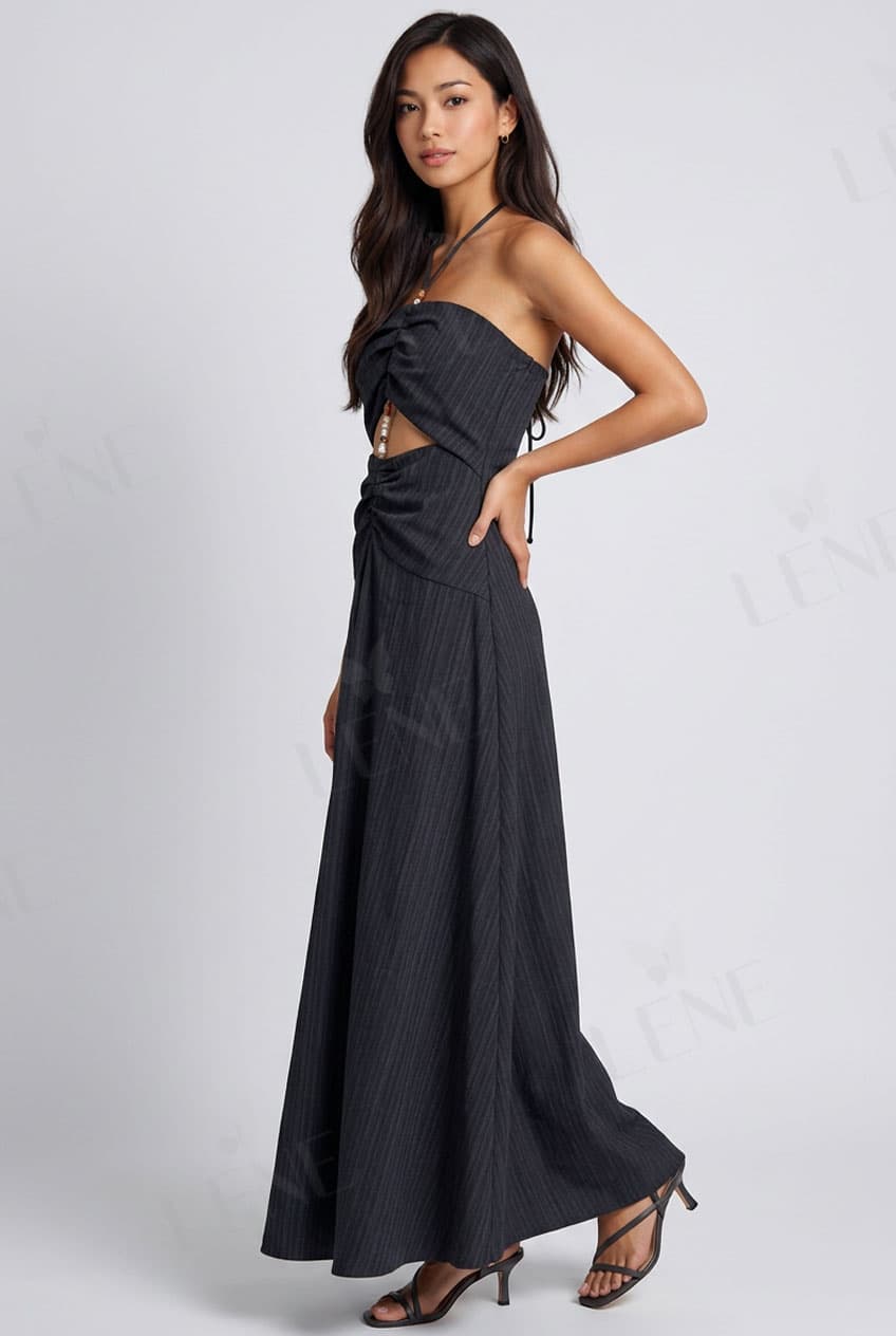 Đầm maxi cổ yếm cutout phối hạt gỗ - View 3