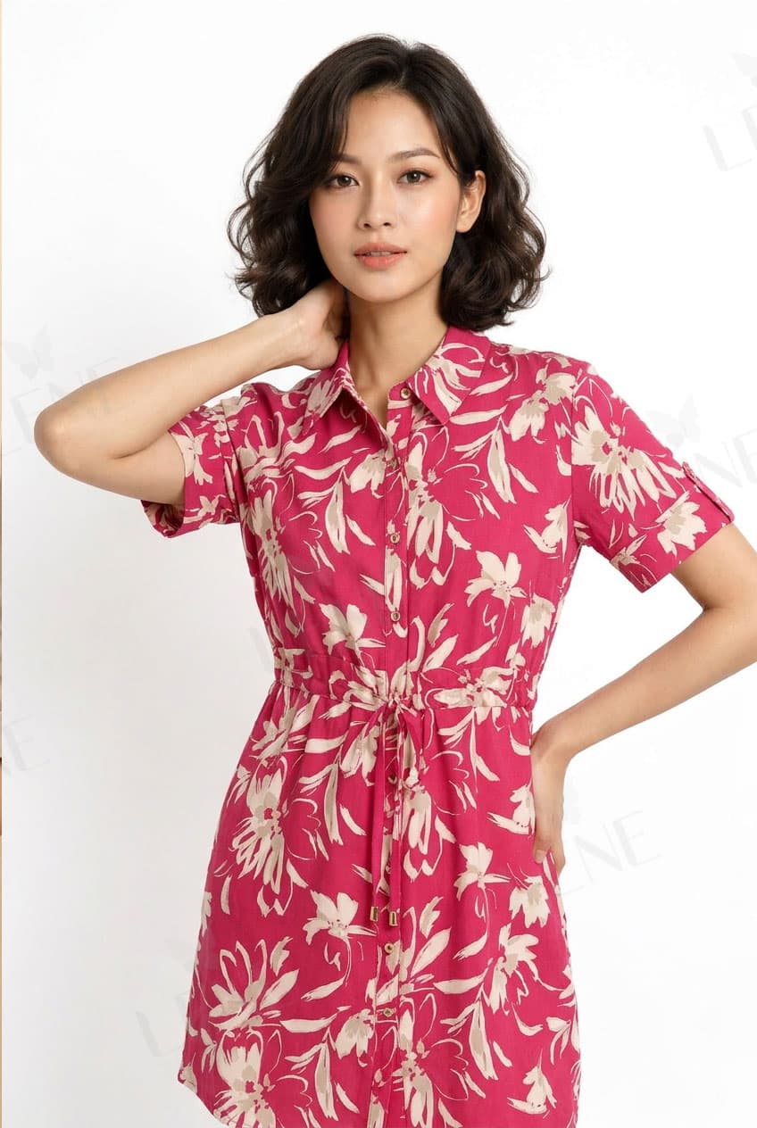Đầm sơ mi dáng ngắn thắt eo họa tiết hoa
