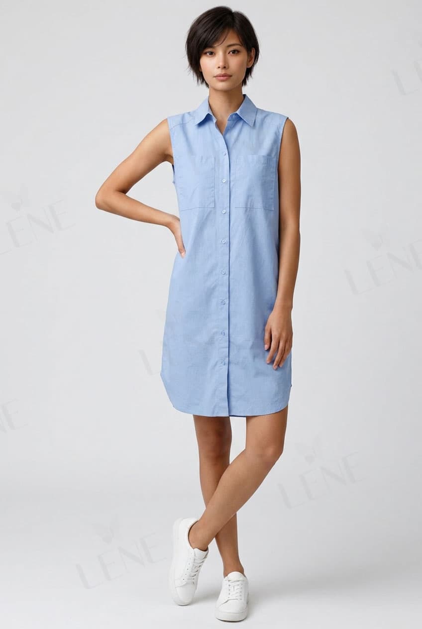 Đầm sơ mi sát nách túi hộp màu xanh pastel - View 3