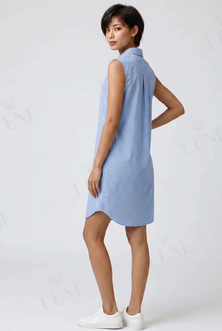 Đầm sơ mi sát nách túi hộp màu xanh pastel - View 4