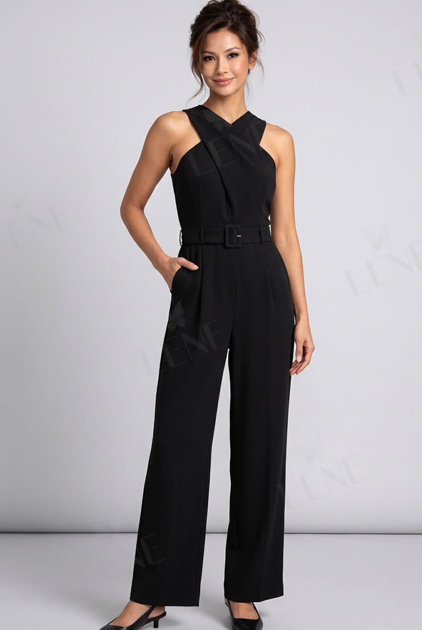 Jumpsuit cổ yếm đắp chéo thắt đai eo - View 2