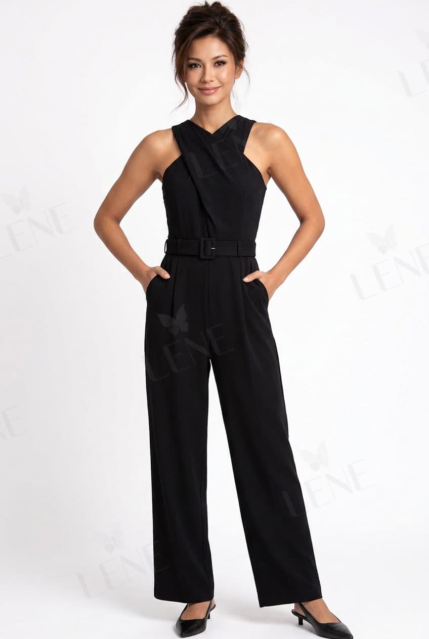 Jumpsuit cổ yếm đắp chéo thắt đai eo - View 3