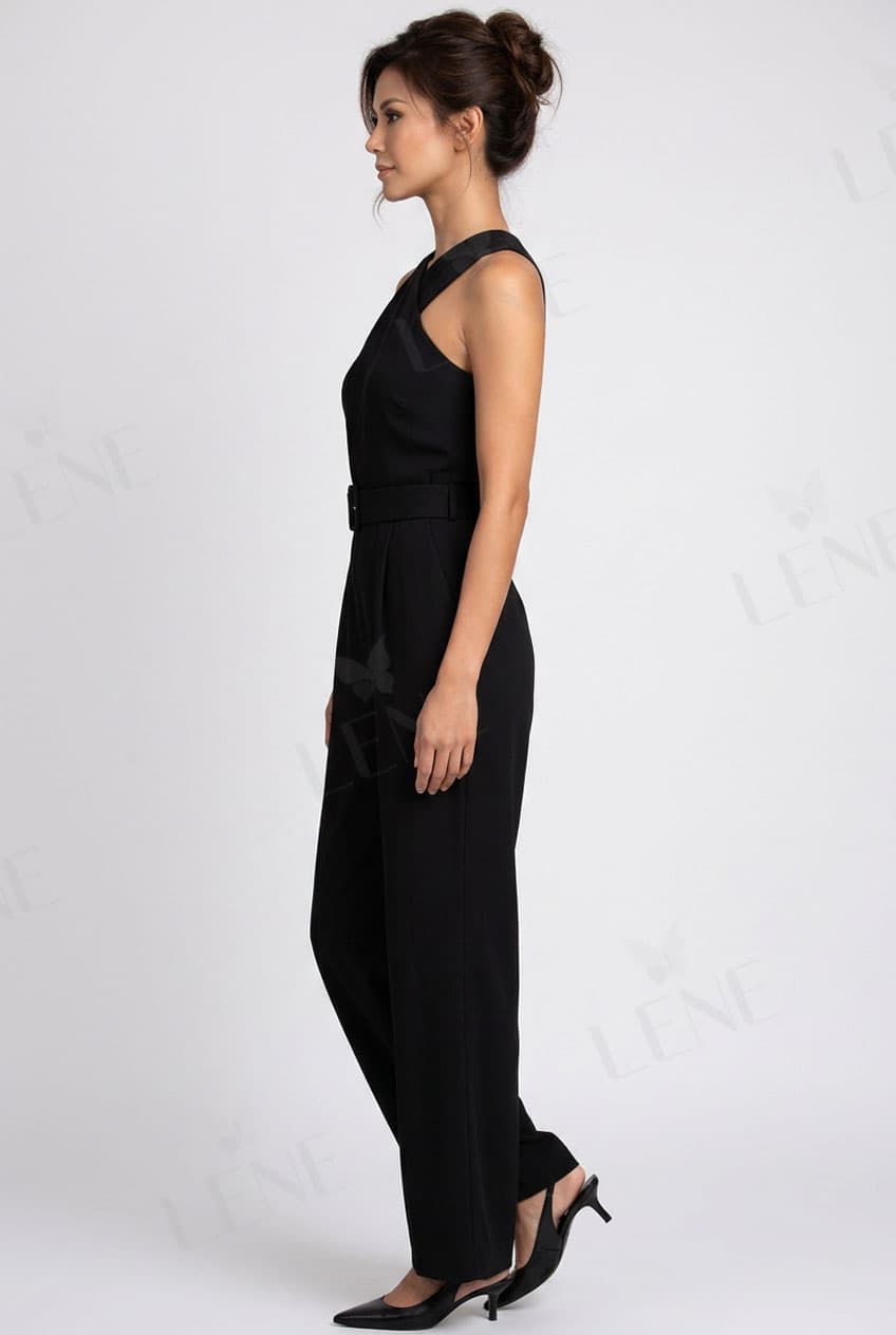 Jumpsuit cổ yếm đắp chéo thắt đai eo - View 4