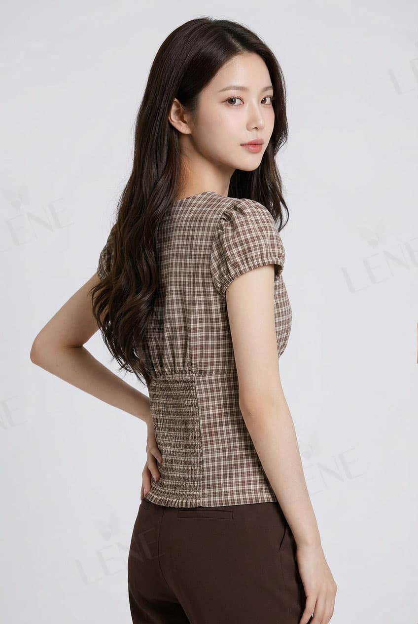 Áo kiểu cổ vuông tay phồng họa tiết kẻ ô - View 2