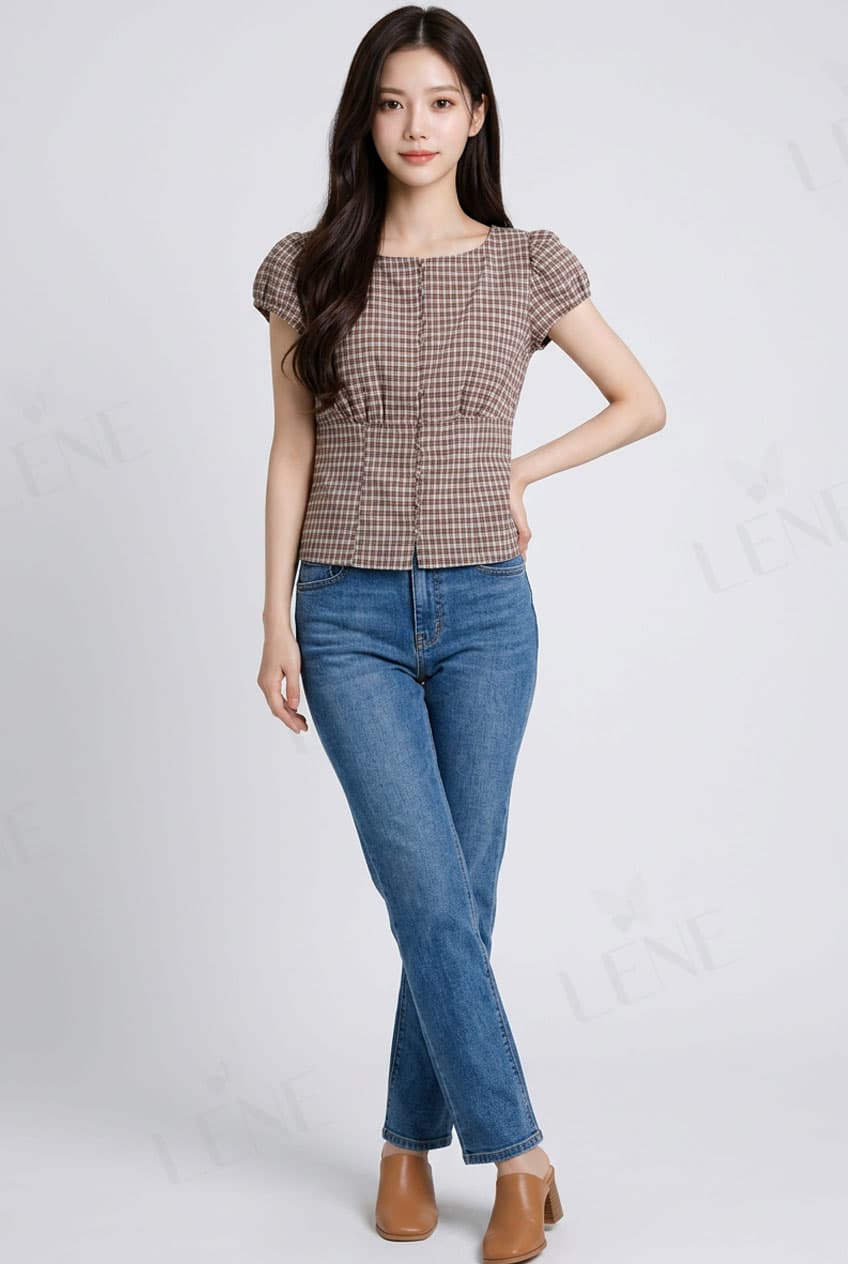 Áo kiểu cổ vuông tay phồng họa tiết kẻ ô - View 3