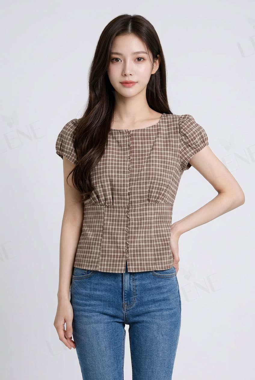 Áo kiểu cổ vuông tay phồng họa tiết kẻ ô - View 4