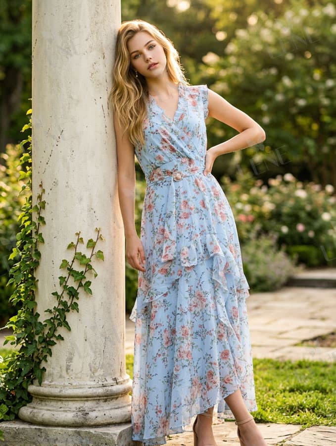 Đầm chiffon hoa hồng