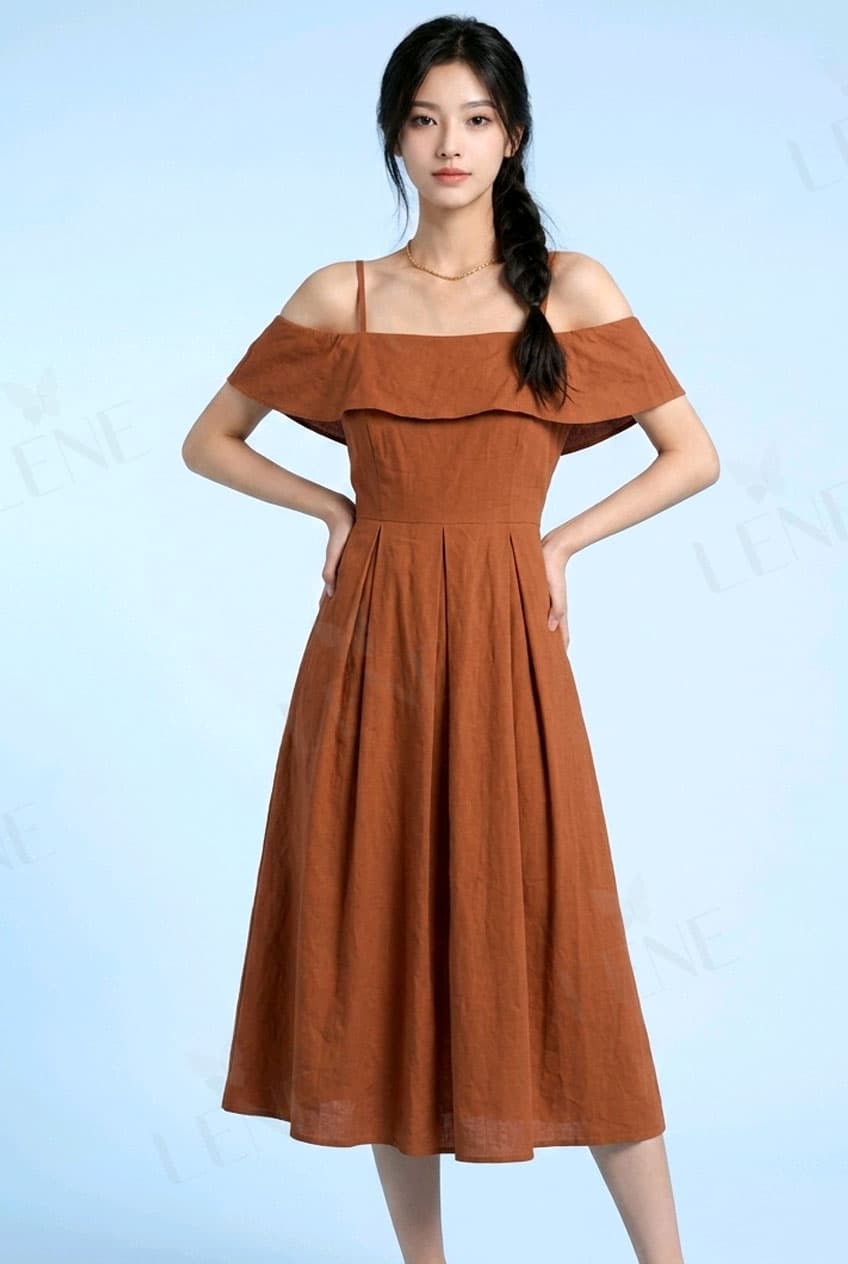 Đầm midi trễ vai nâu đất - View 2
