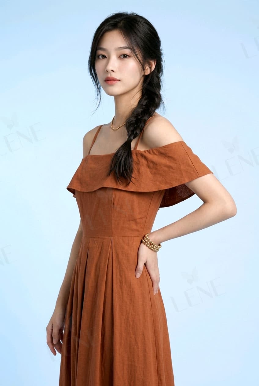 Đầm midi trễ vai nâu đất - View 3