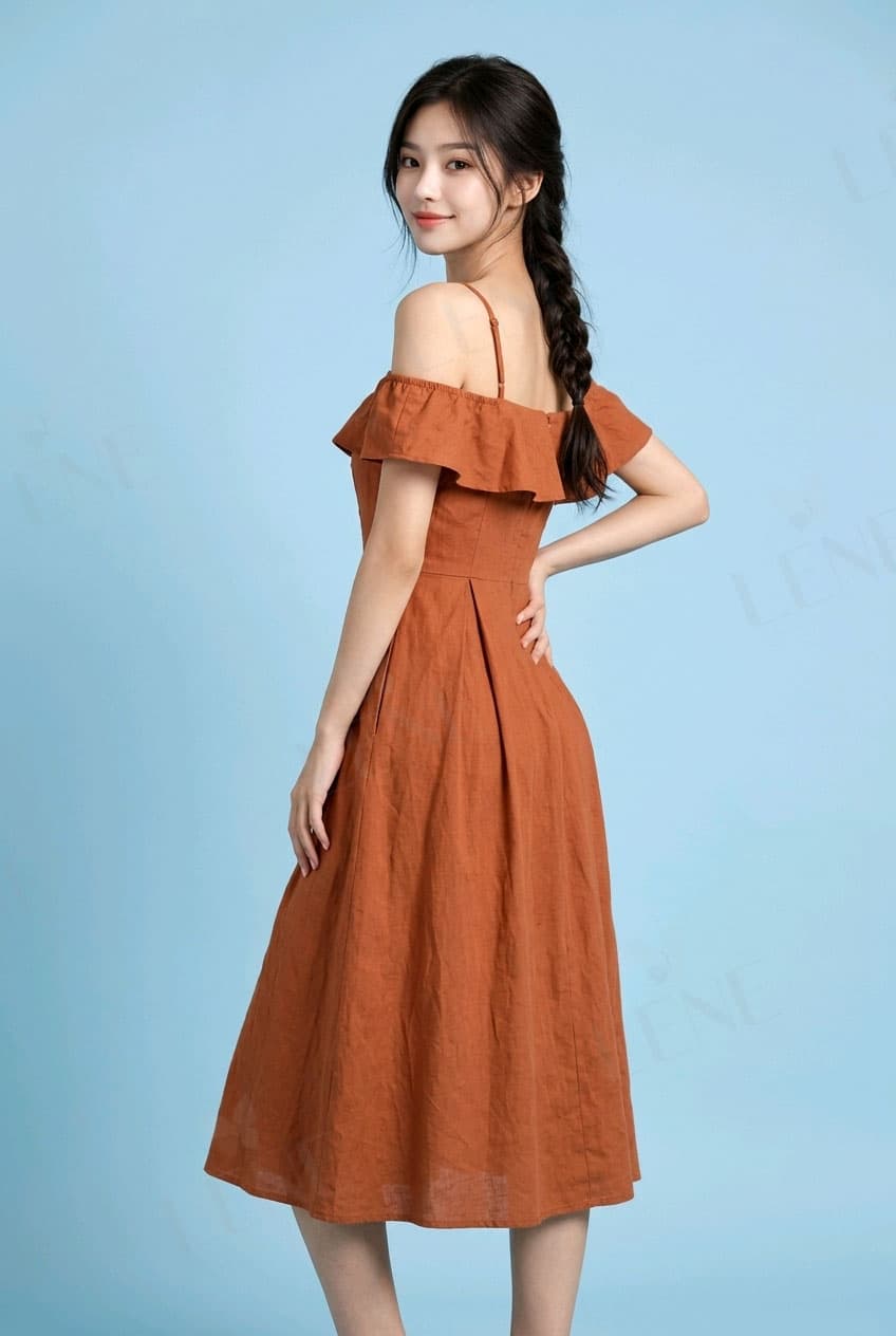 Đầm midi trễ vai nâu đất - View 4