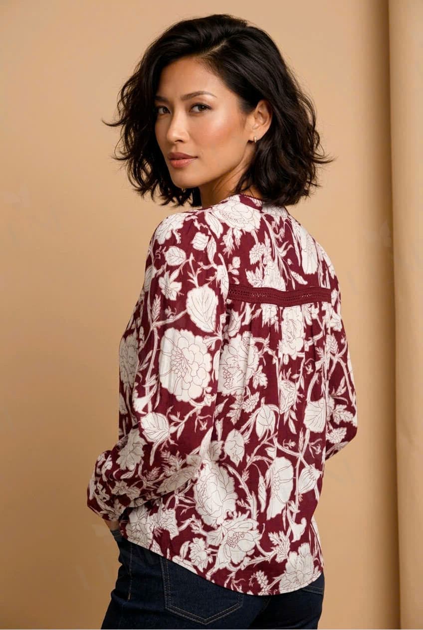 Áo sơ mi linen hoa đỏ - View 2