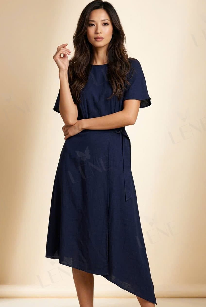 Đầm linen dáng suông vạt lệch thắt đai