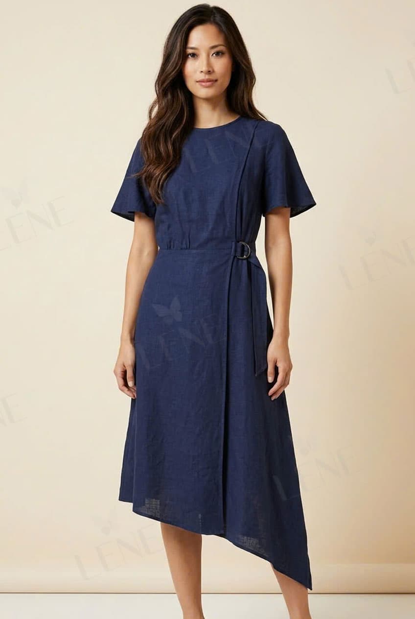 Đầm linen dáng suông vạt lệch thắt đai - View 3