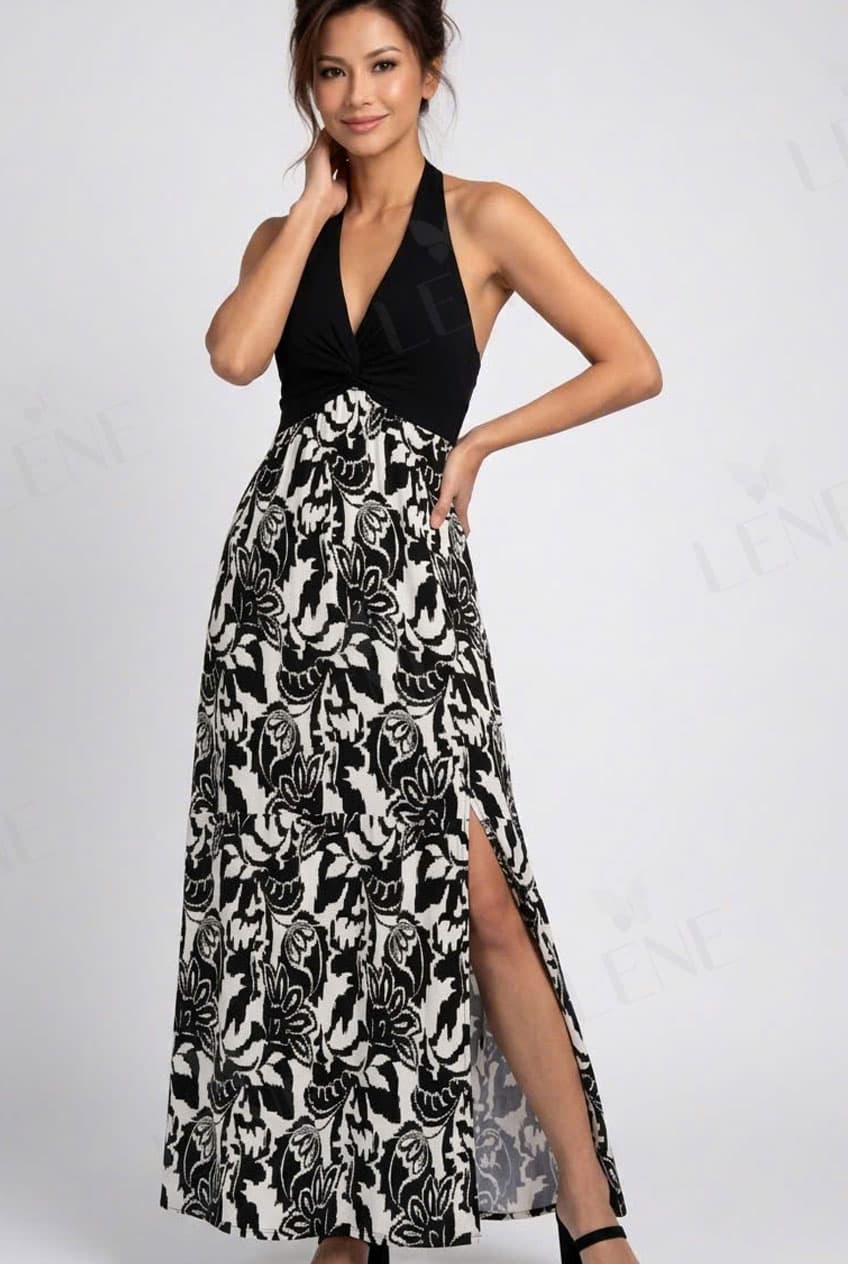 Đầm maxi cổ yếm hở lưng họa tiết Baroque đen trắng - View 2