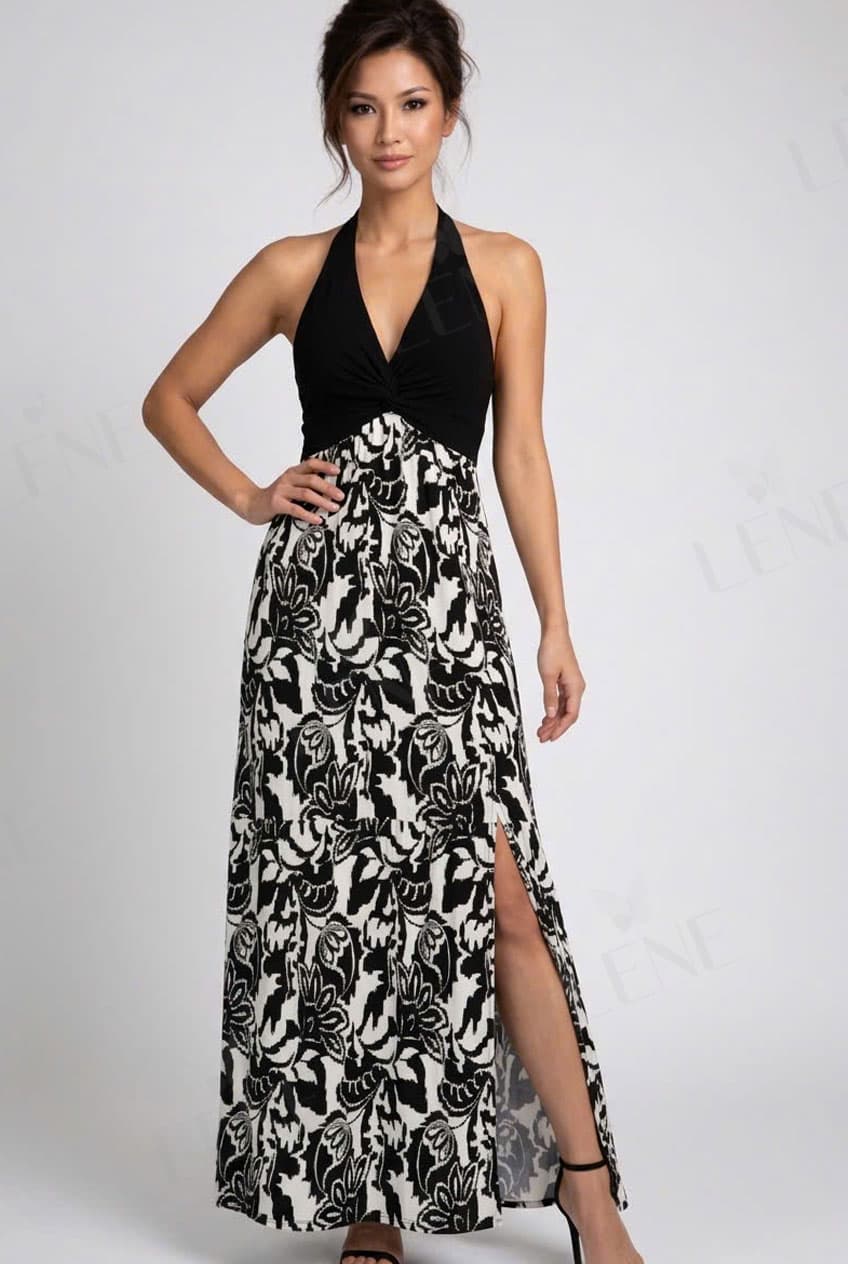 Đầm maxi cổ yếm hở lưng họa tiết Baroque đen trắng - View 4
