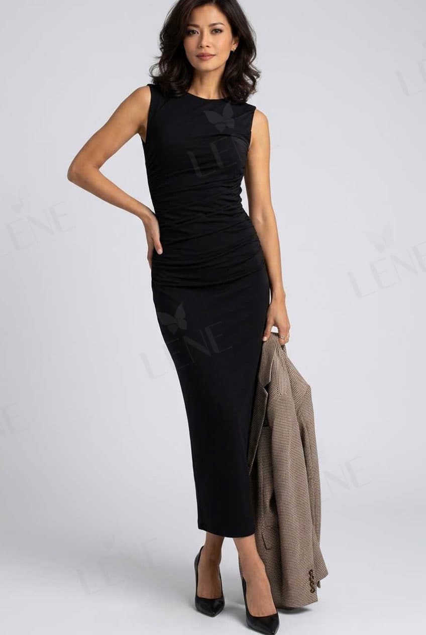 Đầm bodycon đen sát nách nhún sườn tôn dáng