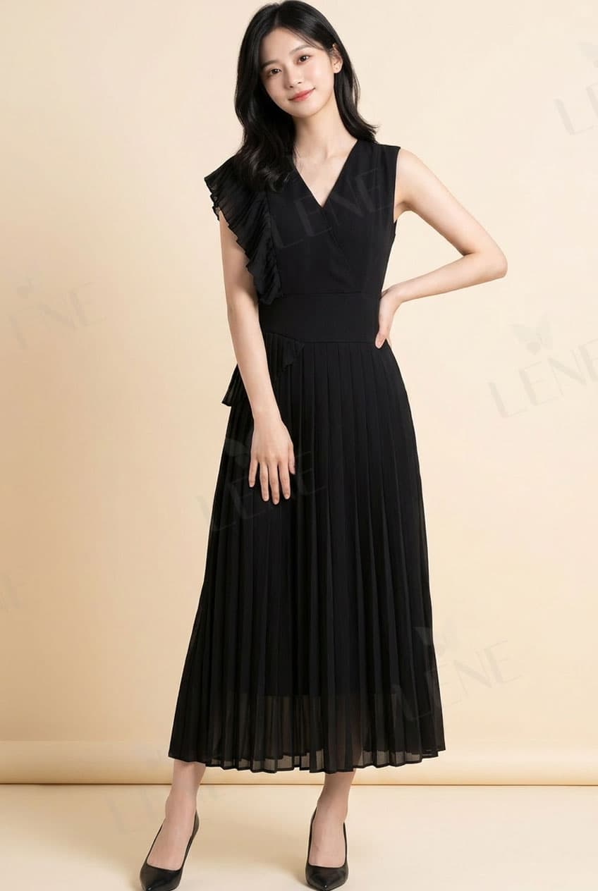 Đầm midi cổ V phối bèo lệch tà xếp ly