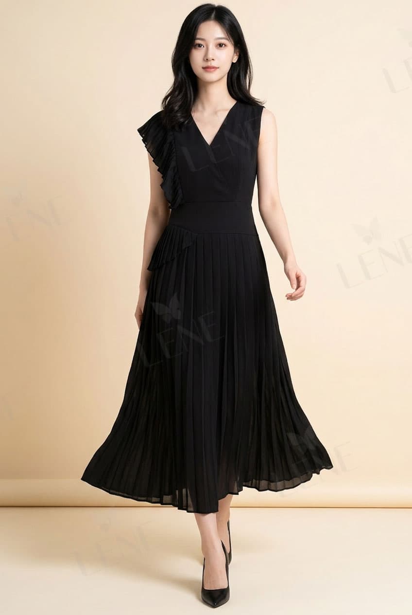 Đầm midi cổ V phối bèo lệch tà xếp ly - View 2