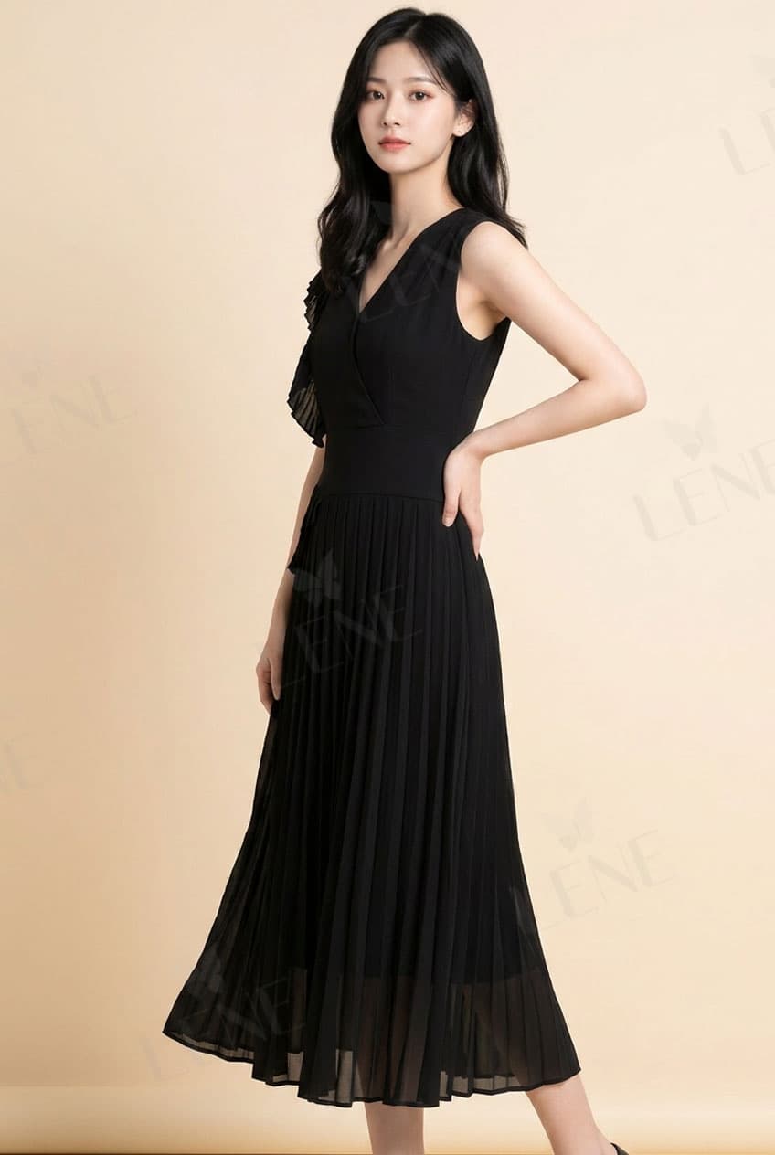 Đầm midi cổ V phối bèo lệch tà xếp ly - View 3