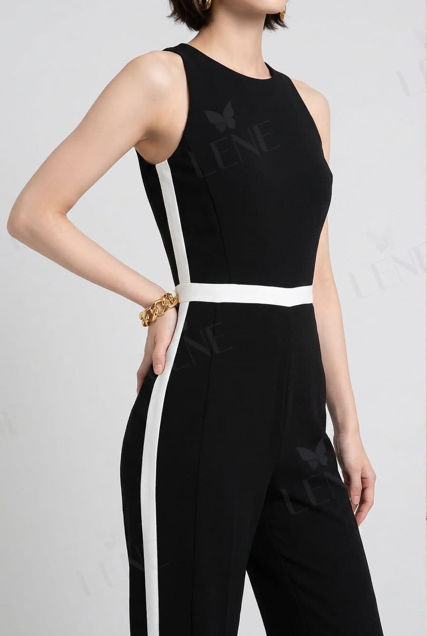 Jumpsuit cổ yếm phối sọc trắng đen tương phản
