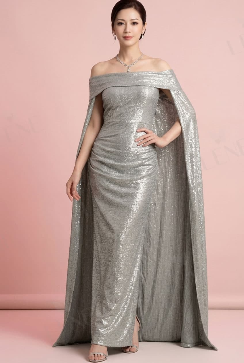 Đầm dạ hội sequin trễ vai phối áo choàng cape sang trọng