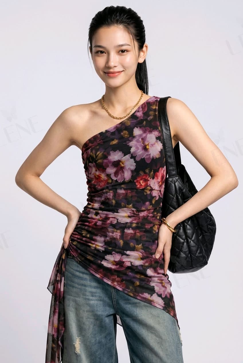 Áo kiểu voan lưới lệch vai họa tiết hoa nhún sườn
