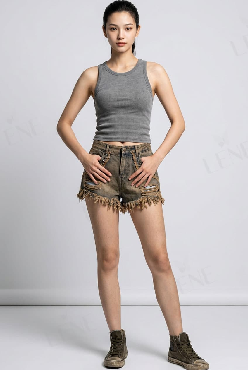 Quần short jean cạp cao rách tua rua đính đinh tán - View 4