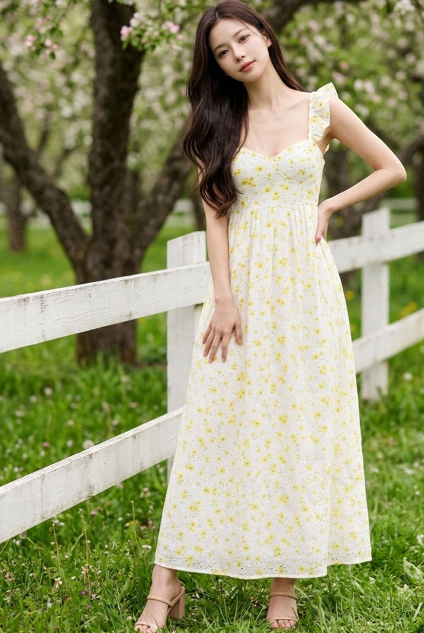 Váy dài maxi cổ tim thêu hoa nhí cúc bấm