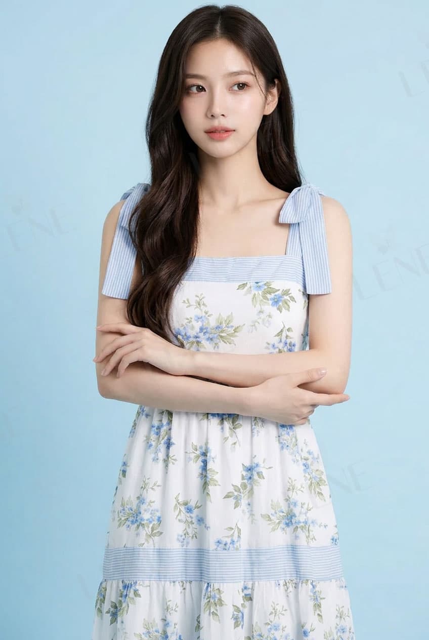 Đầm dài maxi hai dây thắt nơ vai họa tiết hoa xanh