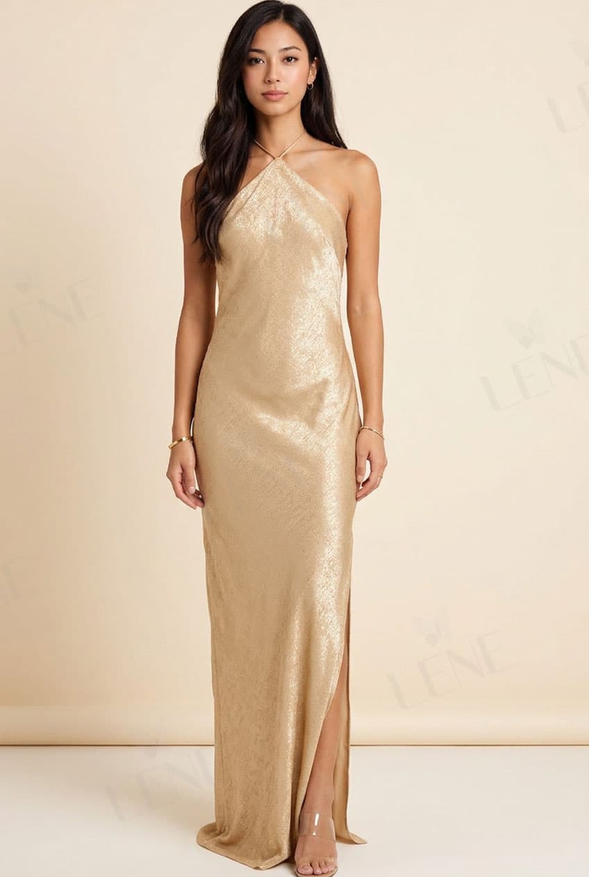 Đầm dạ hội cổ yếm lụa bóng xẻ tà màu vàng gold - View 4