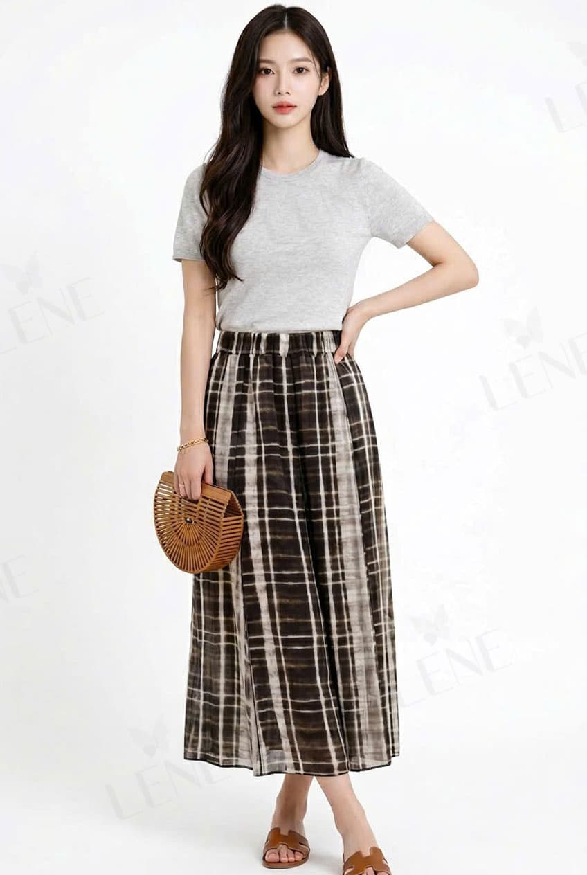 Chân váy xòe tơ loang họa tiết kẻ ô - View 4