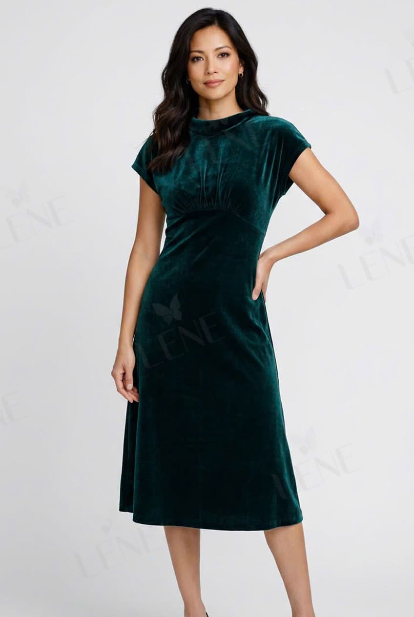 Đầm nhung dáng xòe phối cổ đổ sau quý phái - View 4